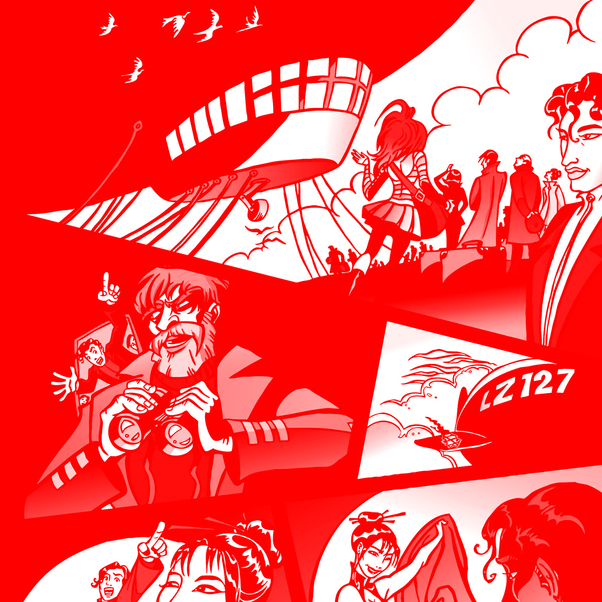 Ausschnitt eines Mangas, dass die Rettung des Luftschiffes LZ127 mittels zusammengenähter Zoeppritz Decken zeigt.